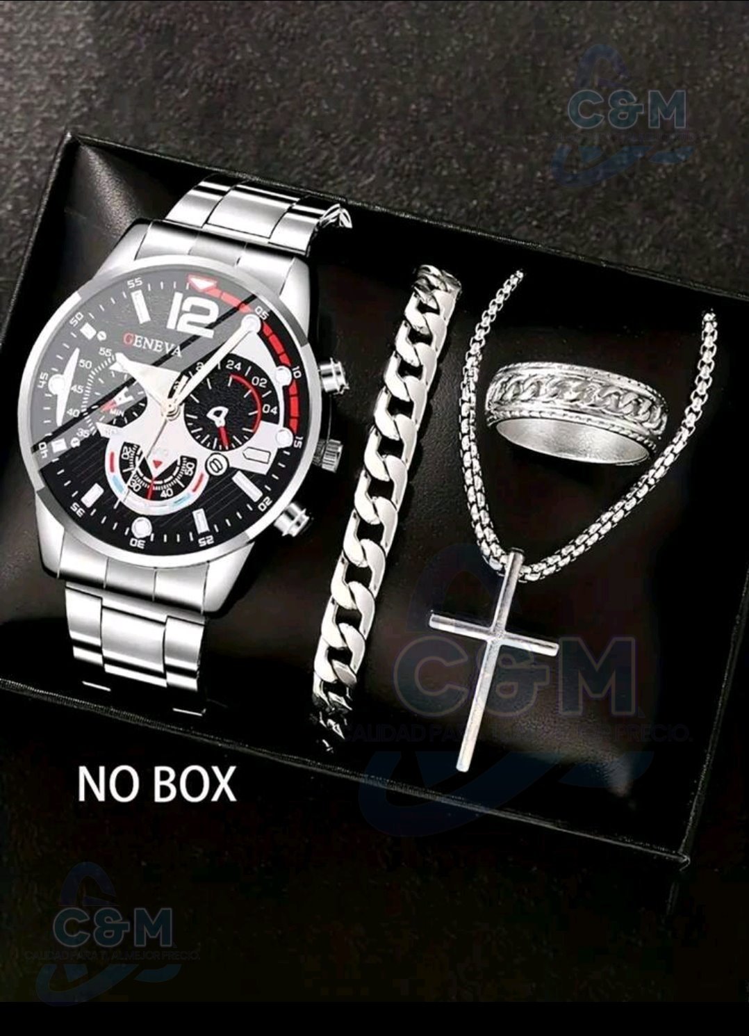 RELOJ CON PULSERA Y ANILLO PARA HOMBRE DE ACERO INOXIDABLE